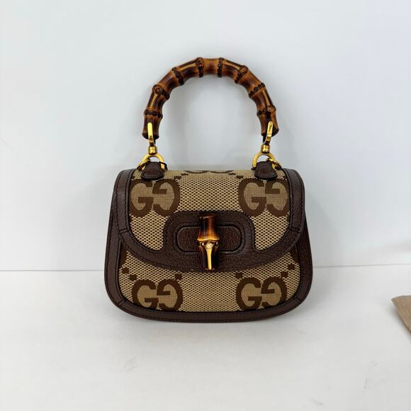 GUCCI 1947 Monogram Jumbo GG Textured Mini Bag Bamboo Top Handle in Camel Auth. - Picture 5 of 16